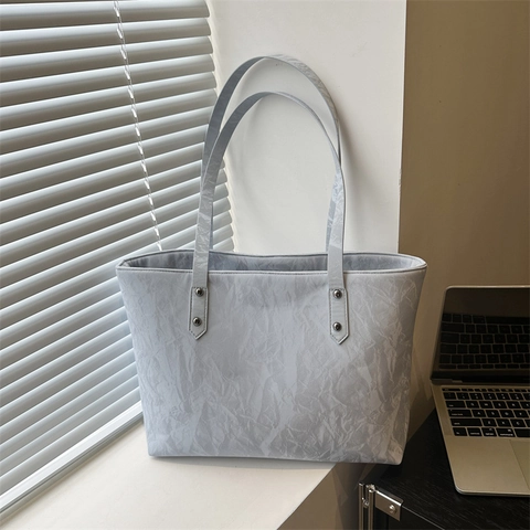 Women Crinkled Texture PU Leather Tote Bag Large Capacity Rivet Shoulder Handbag For Commute Work Office Fashion
