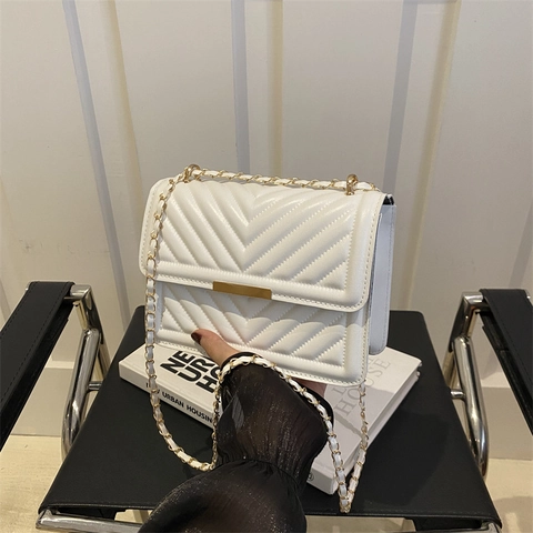 Women Crossbody Bag PU Leather V-Quilted Chevron Pattern Square Shoulder Purse Golden Metal Chain Strap Trendy Handbag