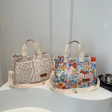 Large Capacity Floral Print Canvas Tote Bag For Women Casual Commuter Shoulder Crossbody Bag Handbag With Adjustable Strap
