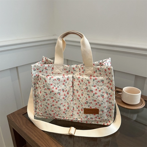 Borsa Tote In Tela Con Stampa Floreale Da Donna Grande Capacità Borsa A Tracolla A Mano Doppie Tasche Anteriori Chiusura Magnetica