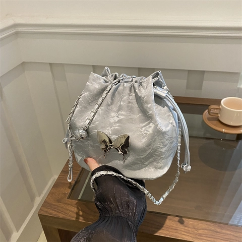 Vlinder Metaal Decor PU Leer Trekkoord Emmertas Dames Ketting Schouderband Y2K Chic Crossbody Tas Elegant