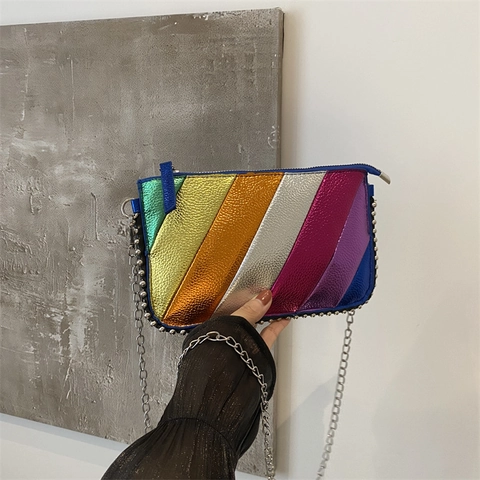 Rainbow Striped Crossbody Bag Metallic PU Leather Rivet Studded Small Square Shoulder Bag Chain Strap Women Fashion
