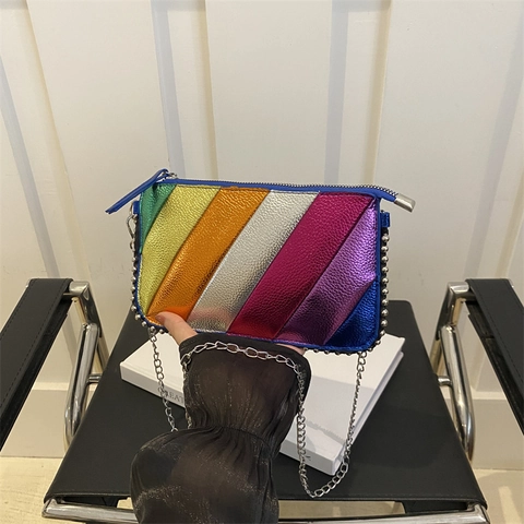 Rainbow Striped Crossbody Bag Metallic PU Leather Rivet Studded Small Square Shoulder Bag Chain Strap Women Fashion