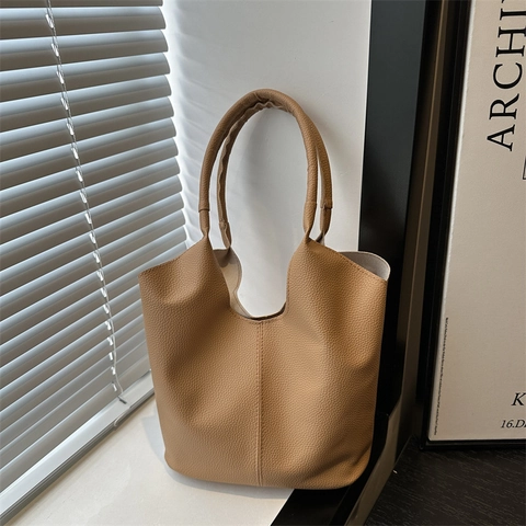 Bolso Cubo De Cuero PU Con Patrón De Lichi Bolso De Hombro De Mano Hebilla Magnética Minimalista Color Sólido Mujer