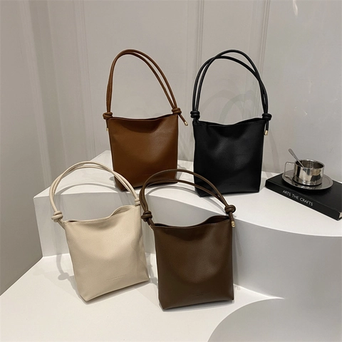 Women Minimalist Litchi Texture PU Leather Shoulder Bag Retro Knot Strap Vertical Bucket Phone Bag Daily Casual