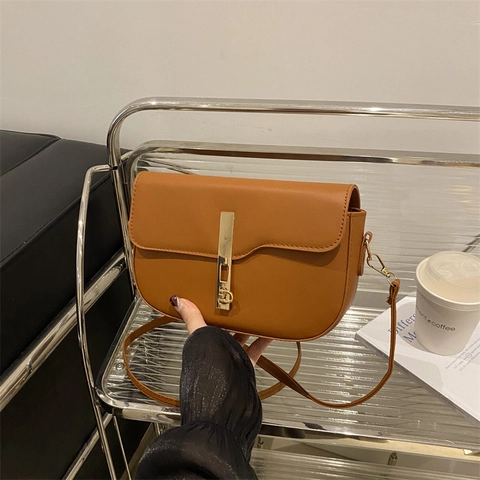 Borsa A Tracolla Retro In Pelle PU Donna Colore Solido Borsa Sottobraccio Con Chiusura In Lega Dorata