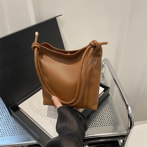 Women Minimalist Litchi Texture PU Leather Shoulder Bag Retro Knot Strap Vertical Bucket Phone Bag Daily Casual
