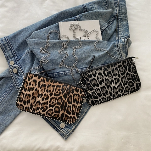 Crossbodytas Met Luipaardprint Voor Dames PU Leer Kleine Vierkante Schoudertas Met Metalen Ketting En Studs Trendy