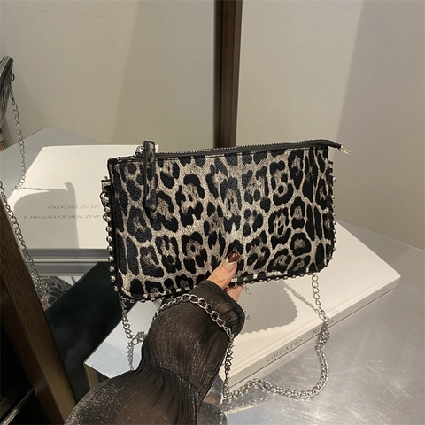 Fashion Leopard Print Underarm Shoulder Bag For Women With Rivet Trim Silver Chain Strap PU Leather Small Square Bag