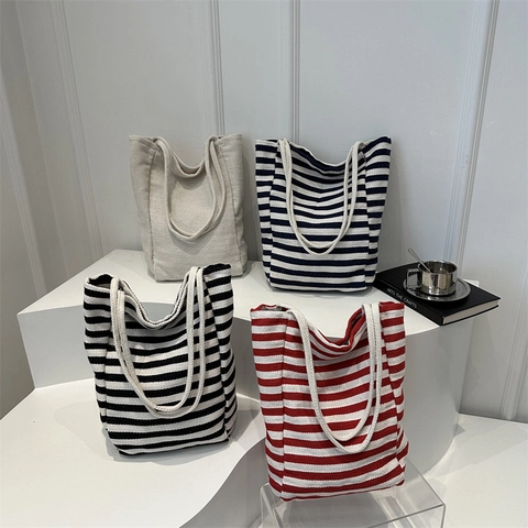 Gestreept Canvas Draagtas Grote Capaciteit Casual Schoudertas Voor Dames Koreaanse Stijl Met Ritssluiting