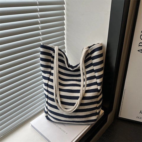 Gestreept Canvas Draagtas Grote Capaciteit Casual Schoudertas Voor Dames Koreaanse Stijl Met Ritssluiting