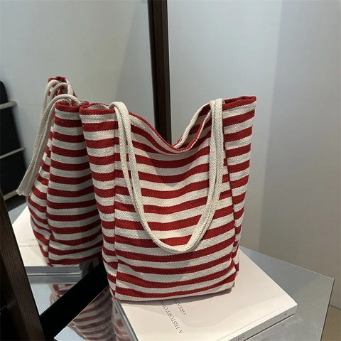 Large Capacity Canvas Striped Tote Bag With Cotton Rope Handles Casual Shoulder Bag For Women Beach Travel Shopping Bag