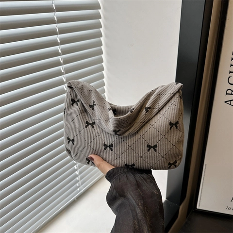 Corduroy Underarm Bag For Women Retro Bow Knot Quilted Hobo Bag Half Moon Shoulder Bag Sweet French Style