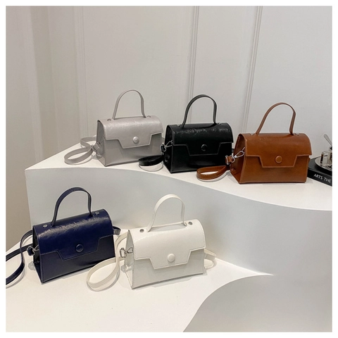Bolso Cuadrado Pequeño de Cuero PU Vintage para Mujer Bolso de Mano de Color Sólido Con Solapa Geométrica Botón Circular Bolso de Hombro