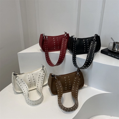 Women Vintage PU Leather Shoulder Bag Rivet Decor Wide Strap Punk Style Underarm Baguette Bag For Daily Streetwear