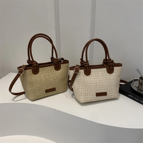Borsa A Tracolla In Paglia Intrecciata Da Donna Con Finiture In Pelle PU Borsa A Mano Spiaggia Estate Casual Semplice