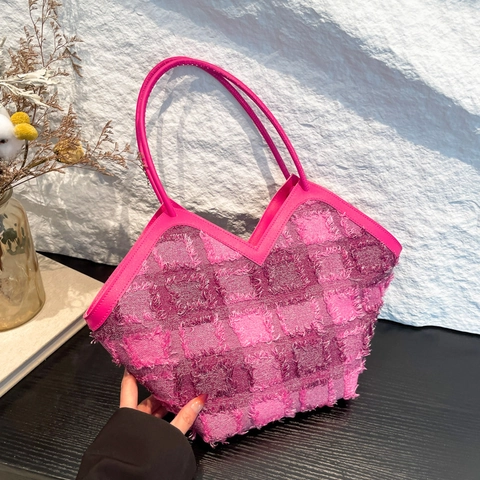 Gewebte Tweed Tragetasche Damen Kariert Fransen V-Ausschnitt Große Kapazität Minimalistisch Pendeln Schultertasche