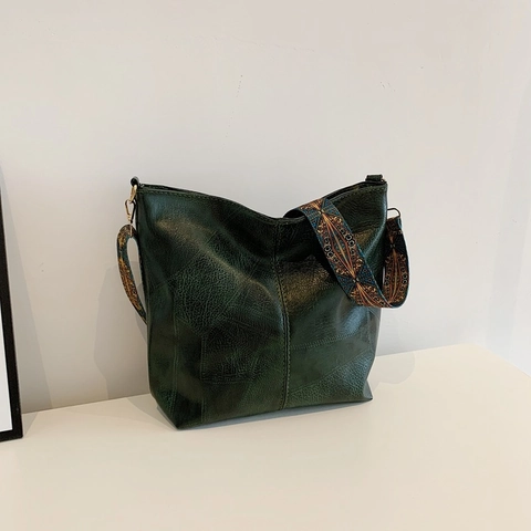 Vintage Large Capacity Shoulder Tote Bag For Women PU Leather With Wide Ethnic Pattern Printed Detachable Strap Retro