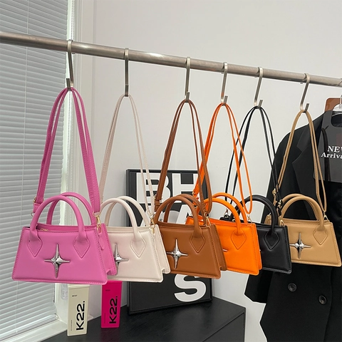 Women PU Leather Crossbody Bag With Silver Star Decoration Trendy Top Handle Small Square Handbag