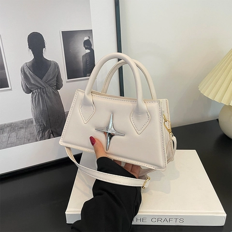 Women PU Leather Crossbody Bag With Silver Star Decoration Trendy Top Handle Small Square Handbag
