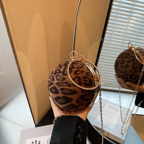 Dames Avondtas In Bolvorm Met Luipaardprint Strass Ringhandvat En Afneembare Metalen Ketting PU Imitatiebont Clutch