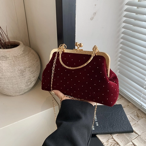 Vintage Samt Abendtasche Mit Metallgriff Damen Clutch Mit Strass Pünktchen Und Kussverschluss