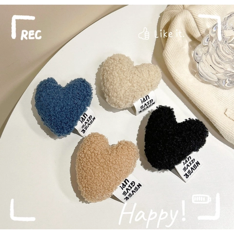 Plush Heart Phone Grip Soft Teddy Velvet Retractable Stand Adhesive Hand Mount For Mobile Phone Accessory