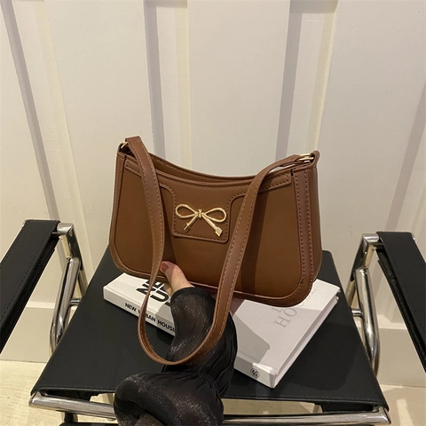 Retro PU Leather Shoulder Bag With Gold Bow Metal Buckle Fashion Underarm Small Square Bag For Daily Commute