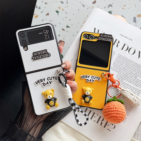 Foldable Phone Case PC Leather Texture Cute Bear Knitted Fruit Pendant Checkered Wrist Strap Shockproof Protective Cover
