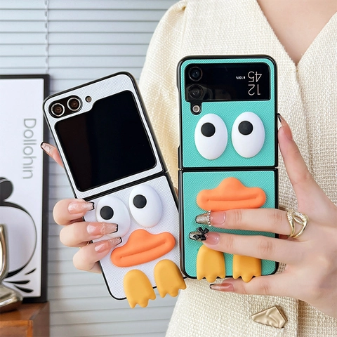 Cute 3D Cartoon Duck Foldable Phone Case Cross Grain Leather Texture Shockproof Protective Cover For Flip Smartphones
