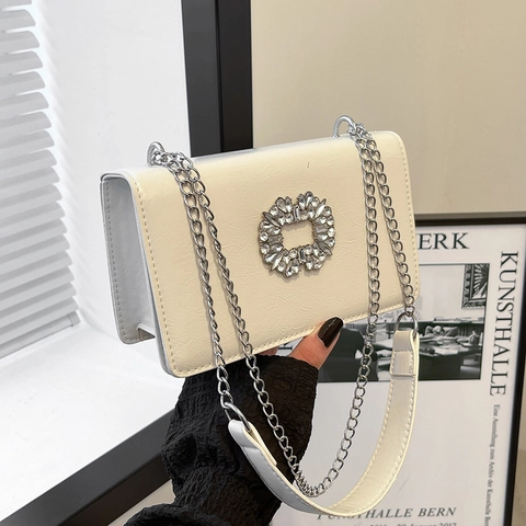 Women Rhinestone Chain Small Square Bag Fashion PU Leather Glossy Crossbody Shoulder Bag Elegant Party Handbag For Ladies