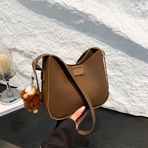 Women PU Leather Shoulder Bag Simple Half Moon Crossbody Bag With Plush Charm Adjustable Strap For Daily Fashion Handbag