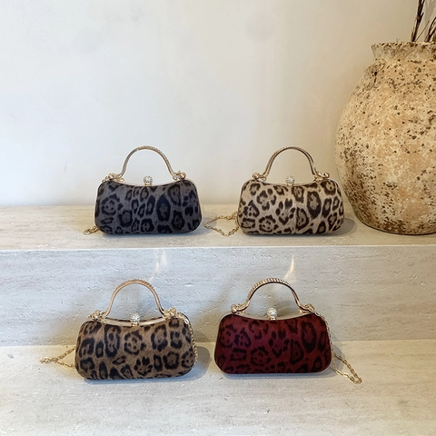 Leopard Print Evening Clutch Bag Velvet Metal Handle Rhinestone Lock Detachable Chain Shoulder Handbag For Women
