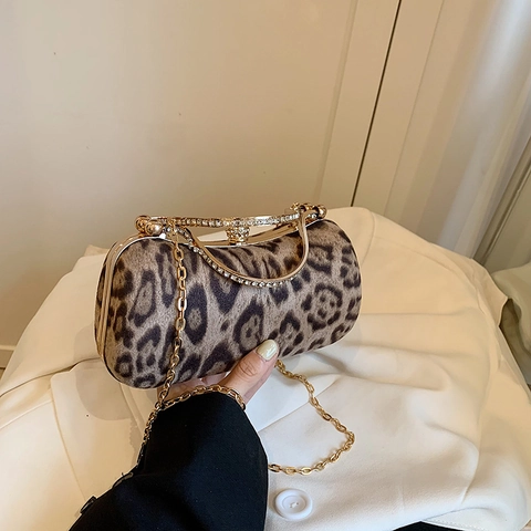 Leopard Print Evening Clutch Bag Velvet Metal Handle Rhinestone Lock Detachable Chain Shoulder Handbag For Women