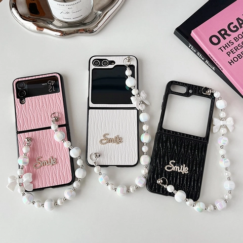 Wave Texture Leather Folding Phone Case With Iridescent Artificial Pearl Chain Bow Smile Rhinestone Cover For Foldable Screen Phones