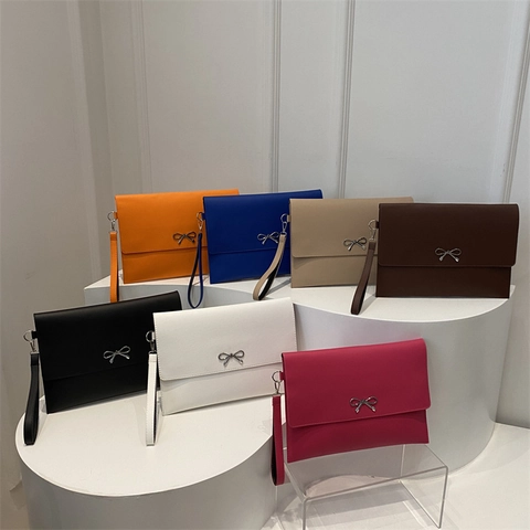 Envelope Clutch Bag Women Elegant PU Leather With Silver Metal Bow Wrist Strap Minimalist Large Capacity Handbag