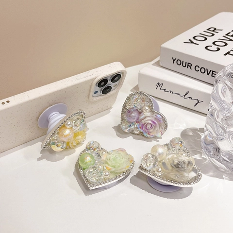 Heart Shaped Phone Grip Retractable Stand Resin Flower Artificial Pearl Rhinestone Decorative For Mobile Case Desktop