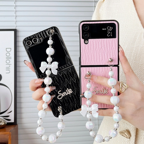 Wave Texture Leather Folding Phone Case With Iridescent Artificial Pearl Chain Bow Smile Rhinestone Cover For Foldable Screen Phones