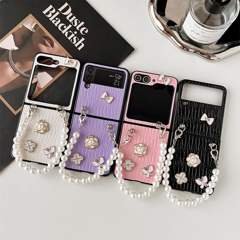 Folding Phone Case With Artificial Pearl Hand Chain Camellia Flower Butterfly Clover Charms Leather Texture Elegant Luxury Chic Cover
