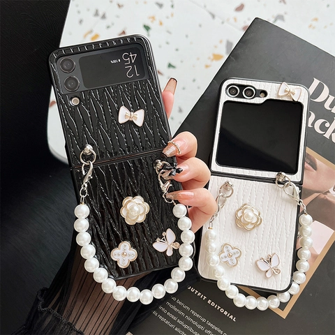 Folding Phone Case With Artificial Pearl Hand Chain Camellia Flower Butterfly Clover Charms Leather Texture Elegant Luxury Chic Cover