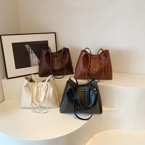 Sac Cabas en Cuir PU de Grande Capacité pour Femmes Vintage Urbain Simple Mode Sac à Épaule Casual Sac Sous le Bras