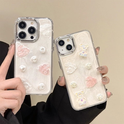 Θήκη iPhone Glitter Artificial Pearl White Μαλακή Σιλικόνη 3D Ρητίνη Λαγουδάκι Αρκούδα Λουλούδι Rhinestone Μόδα Προστασία