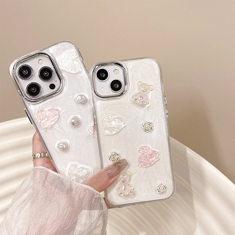 Θήκη iPhone Glitter Artificial Pearl White Μαλακή Σιλικόνη 3D Ρητίνη Λαγουδάκι Αρκούδα Λουλούδι Rhinestone Μόδα Προστασία