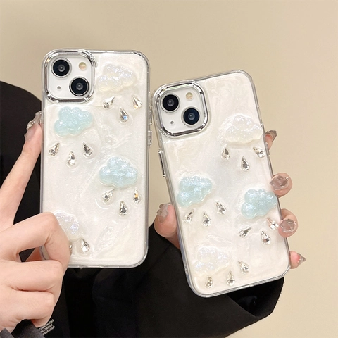 Phone Case Compatible With iPhone 3D Cloud Rhinestone Artificial Pearl Glitter Silicone TPU Cute Dreamy Ins Style Camera Protection