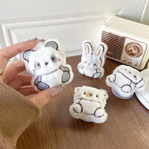Cute Plush Cartoon Animal Phone Holder Collapsible Airbag Grip Stick On Desktop Stand Panda Rabbit Bear Dog Embroidery