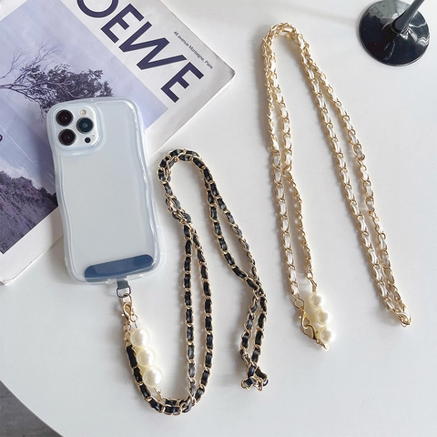 Luxury Crossbody Phone Lanyard Braided Leather Metal Chain With Artificial Pearl Decoration And Clear Phone Case For Women