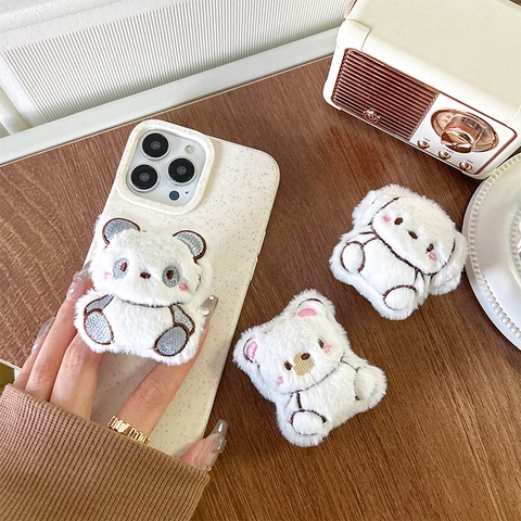 Cute Plush Cartoon Animal Phone Holder Collapsible Airbag Grip Stick On Desktop Stand Panda Rabbit Bear Dog Embroidery
