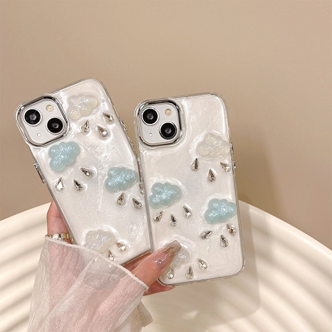 Phone Case Compatible With iPhone 3D Cloud Rhinestone Artificial Pearl Glitter Silicone TPU Cute Dreamy Ins Style Camera Protection