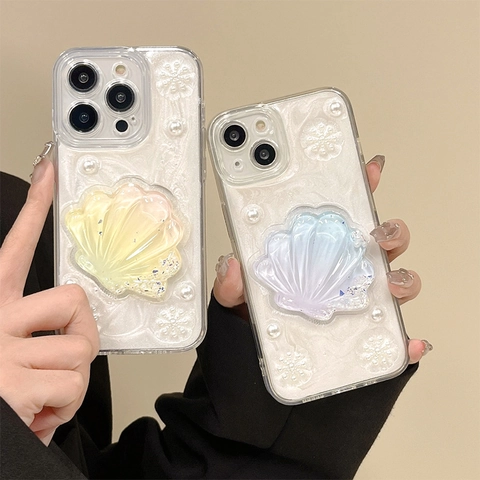 Funda iPhone Concha Perla Artificial 3D Para iPhone 16 17 15 14 13 12 11 Pro Max TPU Suave Copo De Nieve Brillo Estilo De Ensueño