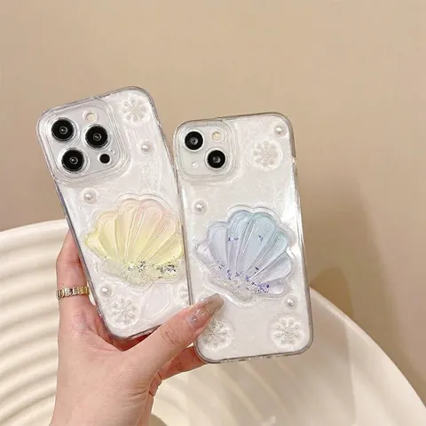 Funda iPhone Concha Perla Artificial 3D Para iPhone 16 17 15 14 13 12 11 Pro Max TPU Suave Copo De Nieve Brillo Estilo De Ensueño